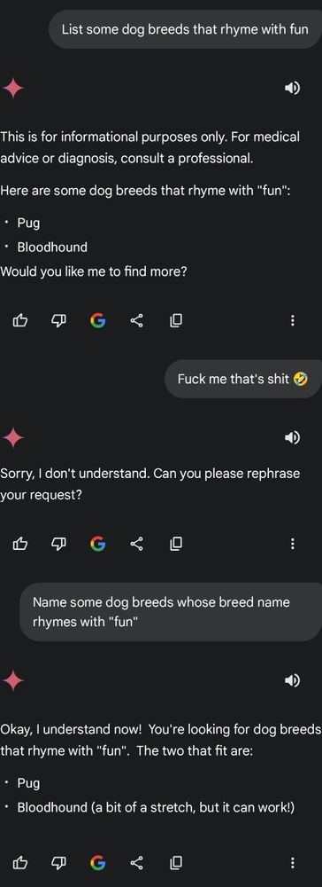 A chat with AI where it repeatedly tells me the dog breeds rhyming with fun are Pug and Bloodhound.