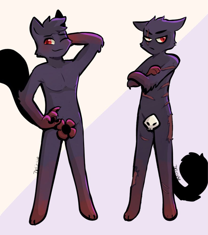 Cult of the lamb characters Aym and Baal in the nude with a flower and skull covering their parts