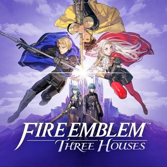 Fire Emblem Three Houses Switch Icon, showing the title, the three house leaders (Dimitri, Claude and Edelgard) posing above the avatat character (Byleth) in front of the silhouette of the Garreg Mach Monastery.
