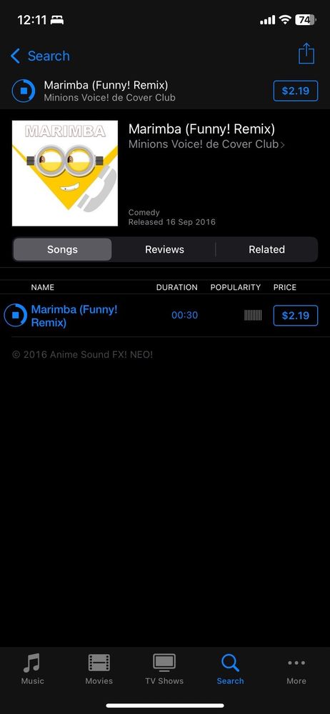 The iTunes Store app on an iPhone featuring the ringtone "Marimba (Funny! Remix)" by “Minions Voice! de Cover Club”. The ringtone is categorized as comedy, released on September 16, 2016, and its price is $2.19 (AUD)