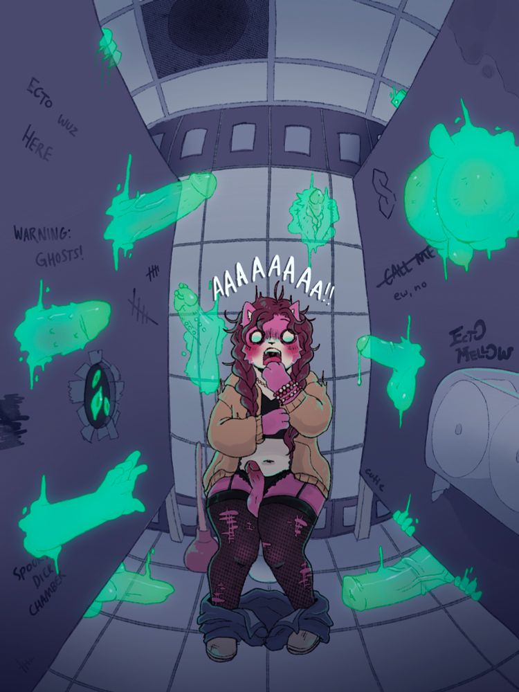 pink anthro cat sitting in a bathroom stall with a hard penis and her pants around her ankles. 

there are numerous types of ghostly penises emerging from the walls around her, as she screams and blushes in horny shock.