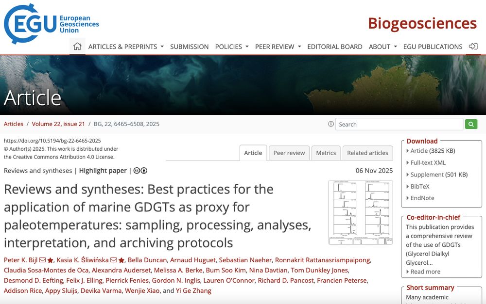 Header and abstract of the review article by Bijl and Śliwińska et al. (2025) Biogeosciences (https://doi.org/10.5194/bg-22-6465-2025) entitled "Reviews and syntheses: Best practices for the application of marine GDGTs as proxy for paleotemperatures: sampling, processing, analyses, interpretation, and archiving protocols". Screenshot taken by Nina Davtian (that's me!).