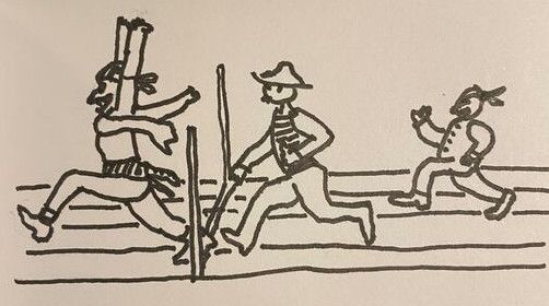 Line drawing of pirates at a track meet. Three pirates are running a foot race on a striped track. In first place, breaking the tape, hands in the air, is a pirate with a sash and matching bandana on his head. The second place runner has a brimmed pirate cap and whalebone vest. The last place runner is wearing a button vest & bandana cap.