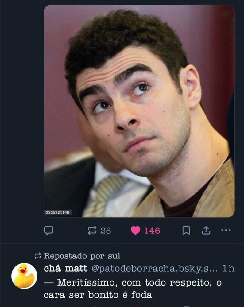 Print da tela do bsky:
Acima uma foto do Luigi mangione 
Embaixo um post falando: -meretissimo, com todo respeito, o cara ser bonito é foda.