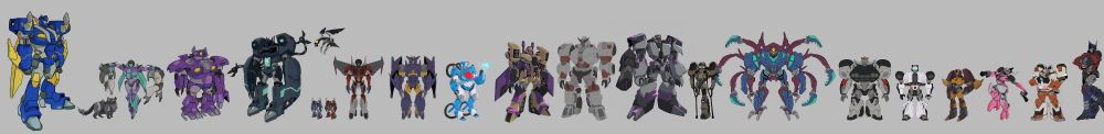 Some of them need an update, and there are a few more not included in here yet. The designs here are in order: Sentinel, Ravage, Slipstream, Shockwave, Soundwave, the casseticons, Starscream, Thunderblast, Chromia, Blitzwing, Megaempress, Megatron, Terminus, Tarantulas, Prowl, Jazz, Hot Rod, Arcee, Ratchet, and Optimus Prime. You can ask me any questions about them if you want!