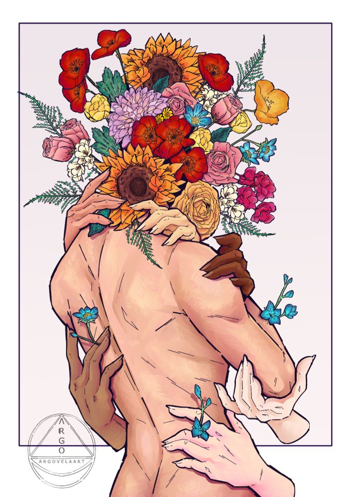 A person stands with their back to the viewer. 
A bunch of wild flowers grow in place of their head, while multiple hands gently touch their arms and shoulders. 