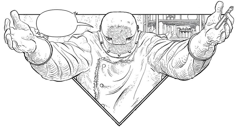 A black and white illustration of an unrevealed Absolute Wonder Woman character in a heavy duty protective suit -- they open their arms wide and break the inverted triangle panel border. They hold a test tube in one hand and there's an empty speech balloon. 