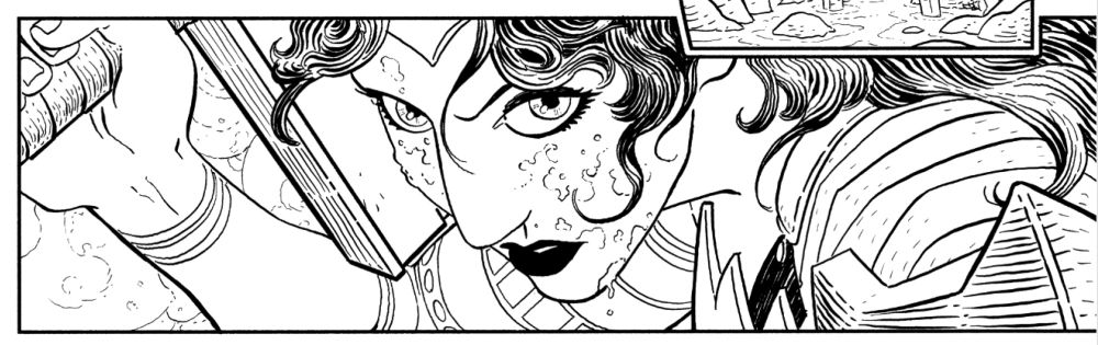 Black and White inked panel by artist Hayden Sherman, from Absolute Wonder Woman #5 (out in February). Panel depicts a high angle view of Diana, with a sword in her hand, looking at the camera dangerously, blood on her face. 