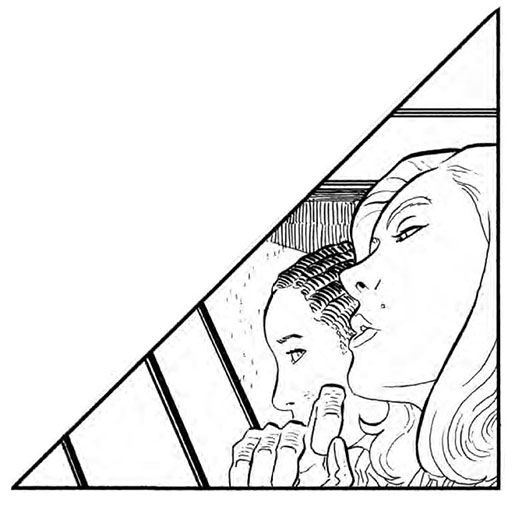 A black and white ink drawing of a bitchy profile of Veronica Cale from the Absolute Wonder Woman book and an unknown person behind her. Cale looks at something below her with an arrogant head tilt, her gloved hand just below her chin. 