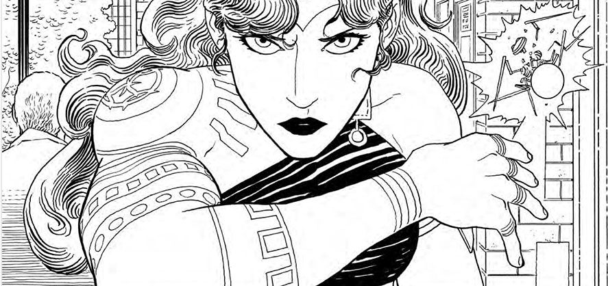 A black and white drawing of Absolute Wonder Woman, as she brushes something off her shoulder and comes directly at the viewer -- eyes intense and beautiful. 