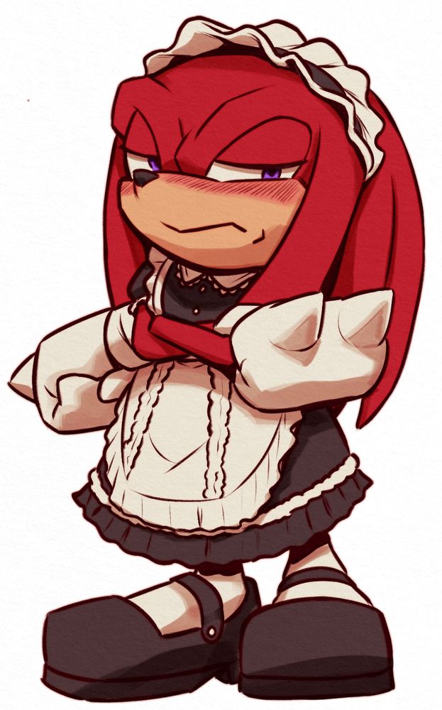Art of Knuckles the Echidna in a maid dress based on his sprites from The Murder of Sonic the Hedgehog. He is crossing his arms and blushing.
