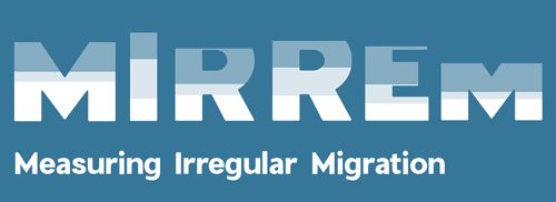 Animated GIF showing the word 'MIRREM' with a gradient effect transitioning from light blue to dark blue. Below it, the text reads 'Measuring Irregular Migration' in white font against a solid blue background. Information on the MIrreM research project is available at: https://irregularmigration.eu/