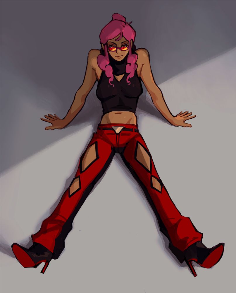 Malva from pokemon. She is sitting with her legs out, supported by her arms, with sort of intense/foreboding lighting.