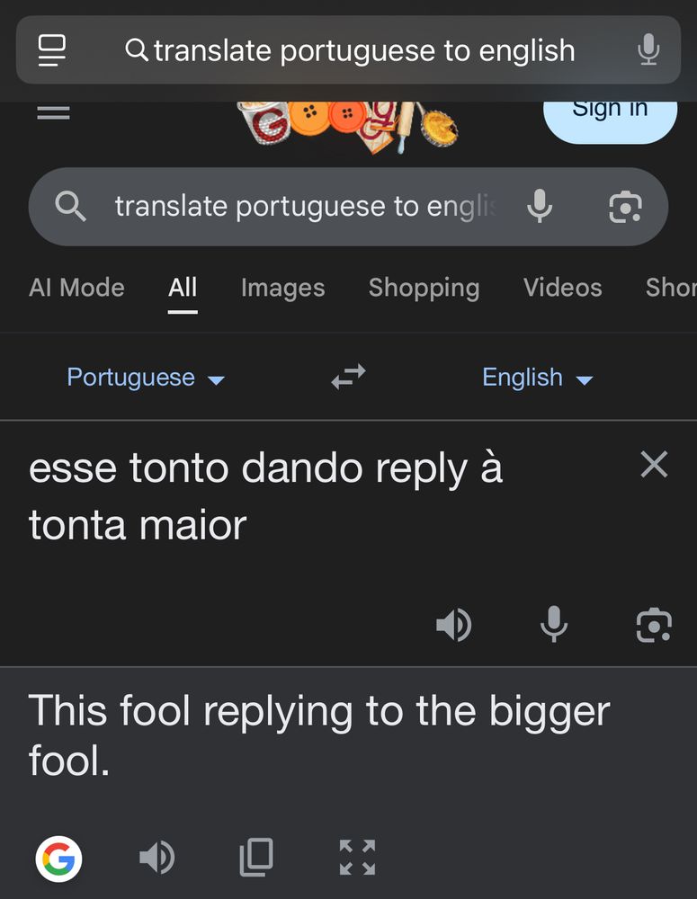 Screenshot of Google result for “translate portuguese to english” which translates “esse tonto dando reply à tonta maior” as “this fool replying to the bigger fool”