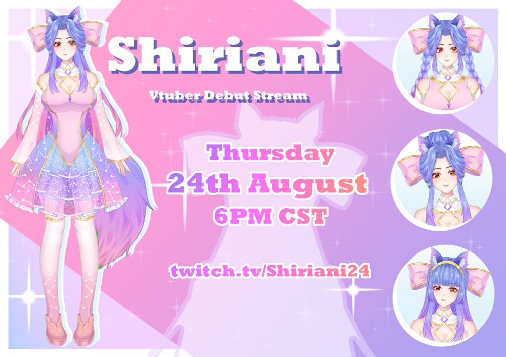 Picture of Shiriani's Debut stream of her different hair styles and link to her twitch