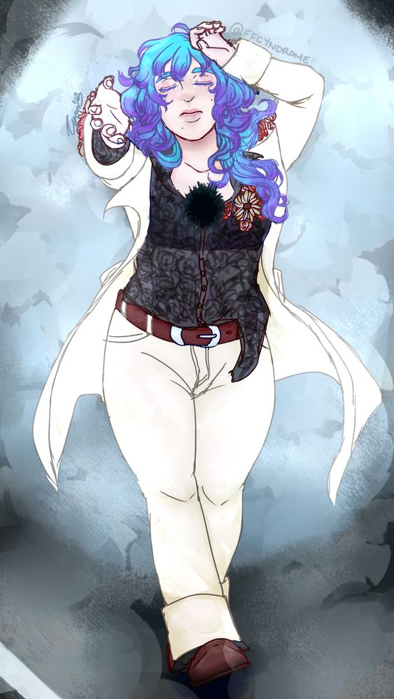 Cynn, with their eyes closed, lays on a foggy black road with a spotlight shining on them, reaching their hand to the sky with the other hand against their head. They wear a white suit with a sheer floral lace black shirt. Both the shirt and jacket has withered white/pink/red flowers attached. The pants cuffs have a black lace detail attached and have brown shoes on. There is a black hole on their chest, as big as their heart. Empty and sad.