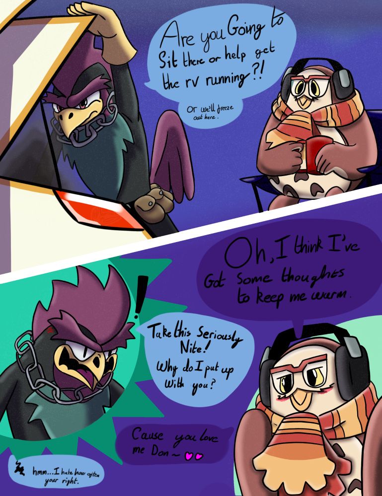 A scene between Nite the Owl and Don the rooster, a broken down rv, with Don being serious and Nite not.