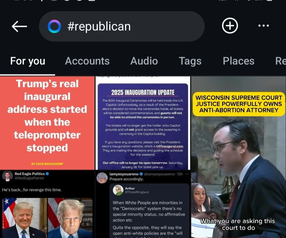 A screenshot depicting an instagram search where the hastag for 'republican' from a search done early on January 21st, 2025.  Posts using the hashtag appear in the results with no restriction.