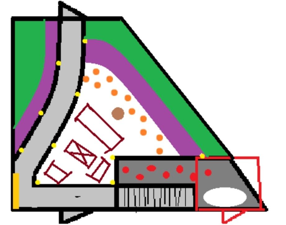A paint birds eye view diagram of a garden layout, color coded. 