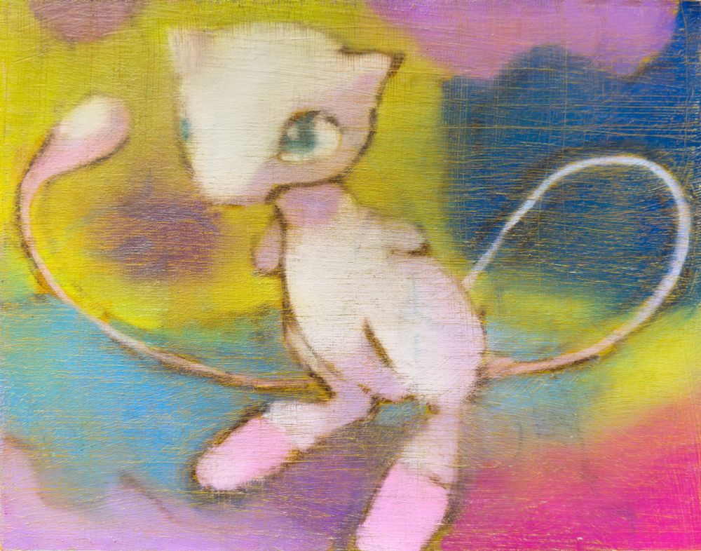 An oil painting of the artwork for the original promo Mew pokemon trading card. The painting is painted in a way so that the image appears dreamy and it is physically etched to recreate the effect of wear to the surface of the card. 

