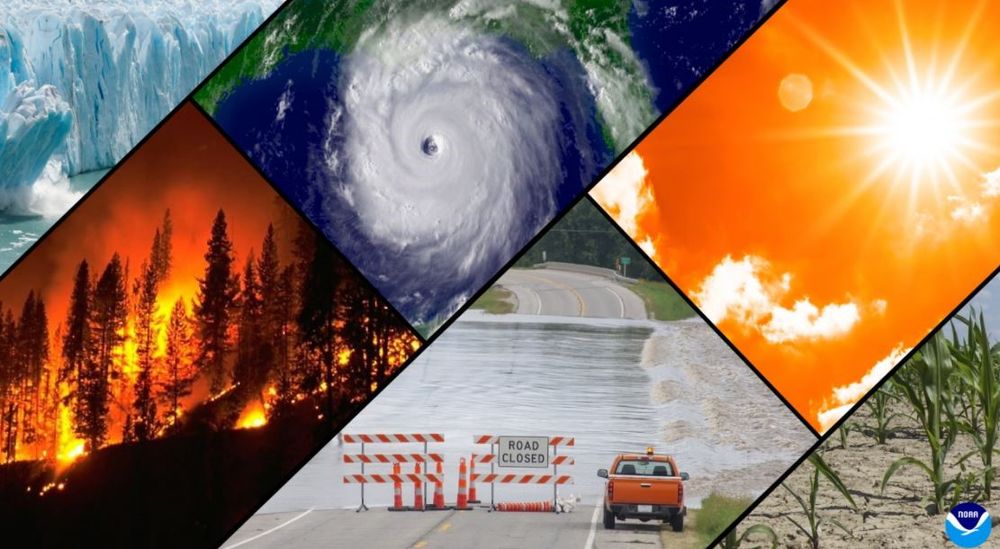 A collage of typical climate and weather-related events: floods, heatwaves, drought, hurricanes, wildfires and loss of glacial ice. (Image credit: NOAA)