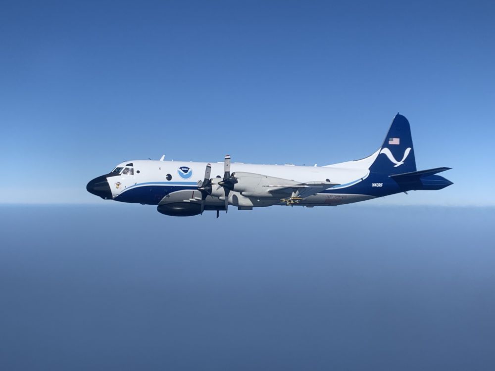 NOAA Hurricane Hunter “Miss Piggy,” a Lockheed WP-3D Orion, is shown in flight in January 2020. All three NOAA Hurricane Hunter aircraft are based at the agency’s aircraft operations center in Lakeland, Florida. (Image credit: NOAA)
