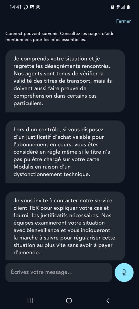 copie d'écran de la réponse du bot sncf sur l'application sncf connect 2/2