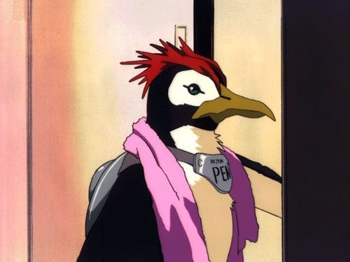 Penpen, a penguin. Wearing a towel and opening a refrigerator door