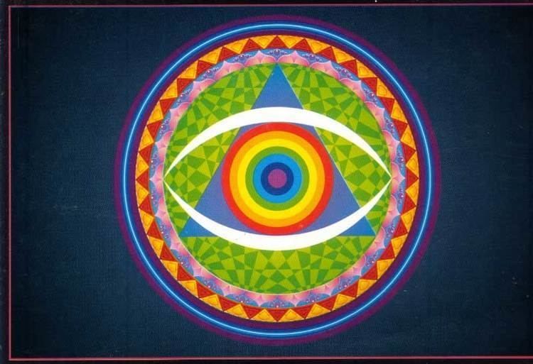 An "Octave Doctor" (a multi coloured mandala with a giant eye Infront of a pyramid in the centre) Infront of a dark blue background.