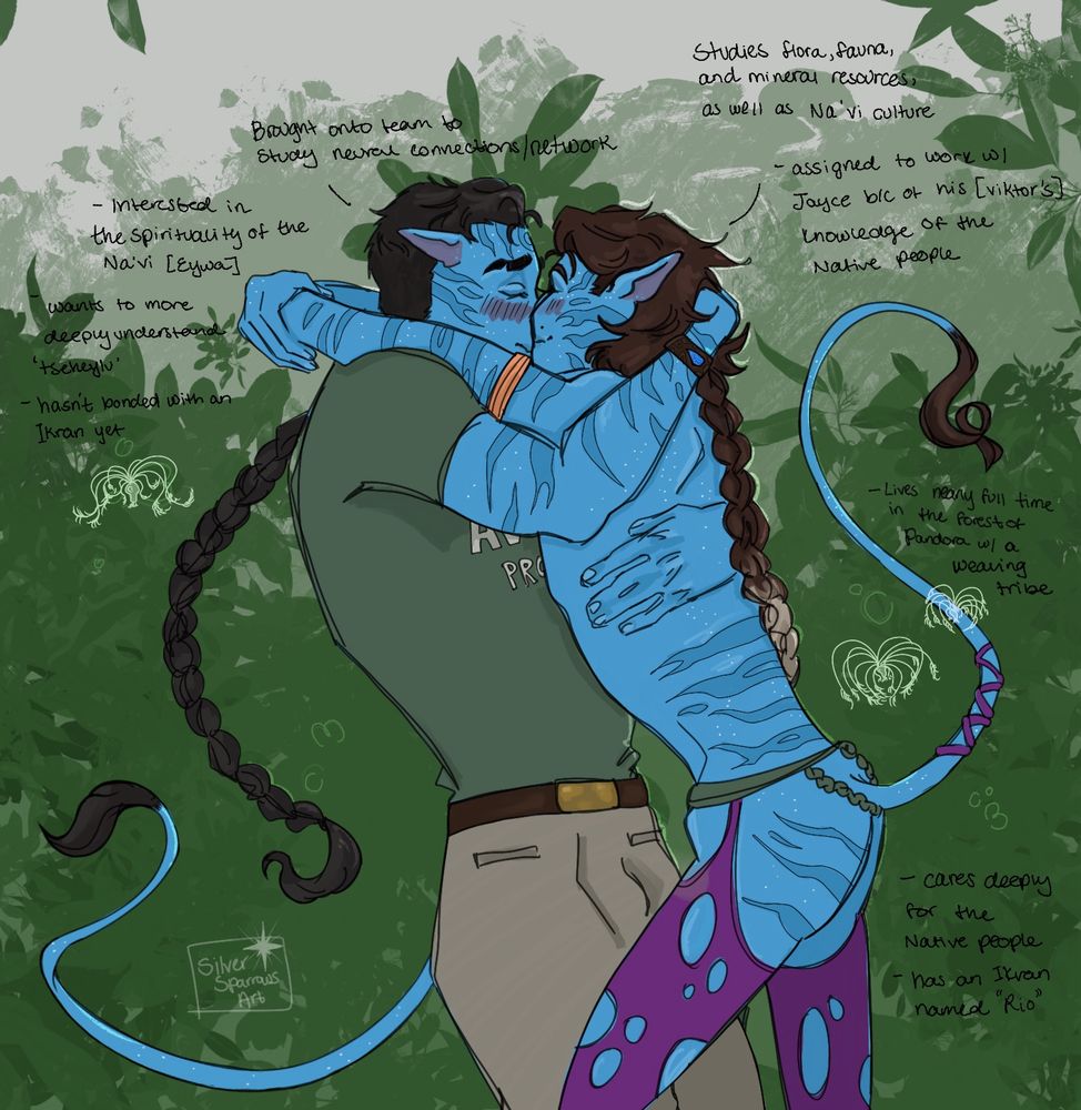 Depicts Jayce Talis & Viktor from Arcane as Na’vi, the fictional aliens from the franchise “Avatar.” They are embracing and smooching in the forest.