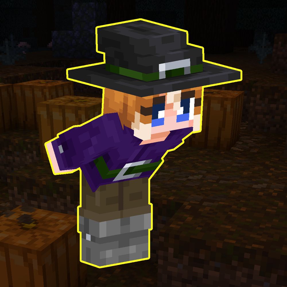 Bon wearing an outfit inspired by the Minecraft Witch, including a Witch's Cap. The outfit (Minecraft Skin), and Witch's Cap (Figura) are available on their Ko-fi, linked above!