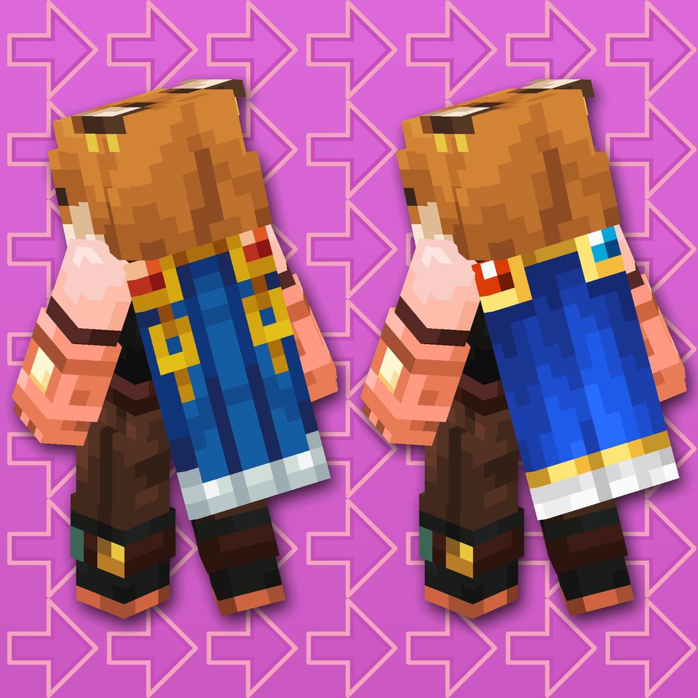 Two images of Bon standing confidently side by side. On the left is Bon's Arch Illager cape from their 25 Day Cape Challenge from 2022, on the right is Bon's revamped Arch Illager came from today's short!

The background has arrows pointing towards the right, symbolizing the progression of time. They're color, shape, and size, are inspired to Magenta Glazed Terracotta. 
