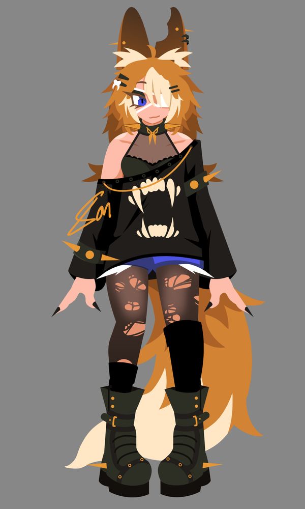 Bon's Vtuber Design Concept. A fox kemonomimi character in a baggy black, off the shoulder, top with a bite design and blue shorts. They have ripped leggings, asymmetrical knee socks, as well as combat boots. They're also adorned with spiked bracelets and a spiked choker.