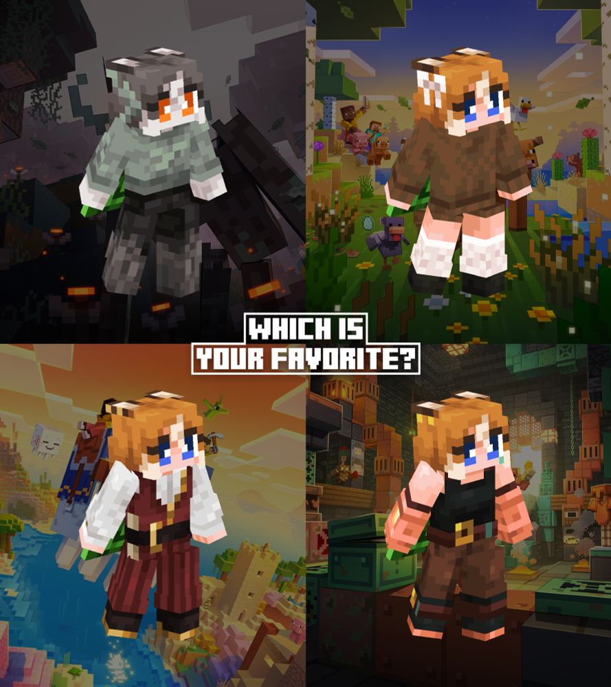 Bon's skins from over the last year for the four most recent drops. In the top left is their "Garden Awakens" skin, which is a pale Bon with tree-like features and glowing orange eyes. The top right features Bon in a more cottage-core aesthetic with knee-high socks that resemble dandelions. In the bottom left is Bon as a sky pirate. And last, but not least, in the bottom right is Bon wearing a mechanic inspired outfit with Copper Power Gauntlets!