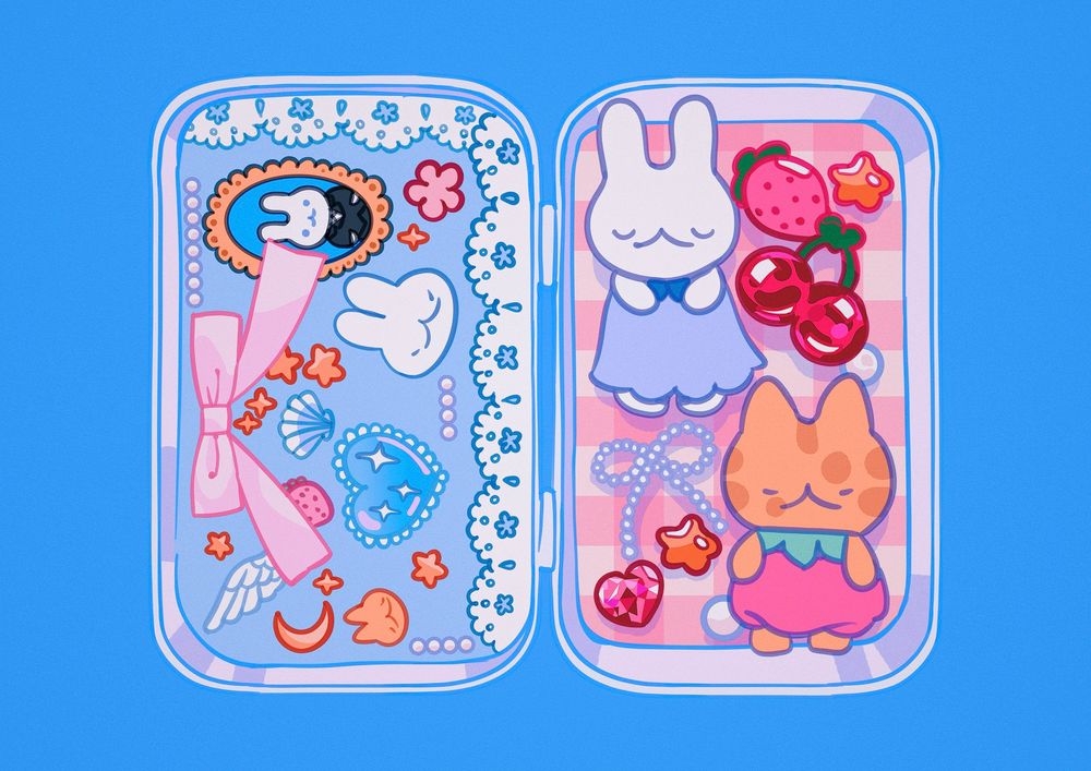 Artwork of an open altoid tin containing little bunny and cat dolls and decorated with ribbons, lace, and animal stickers. 