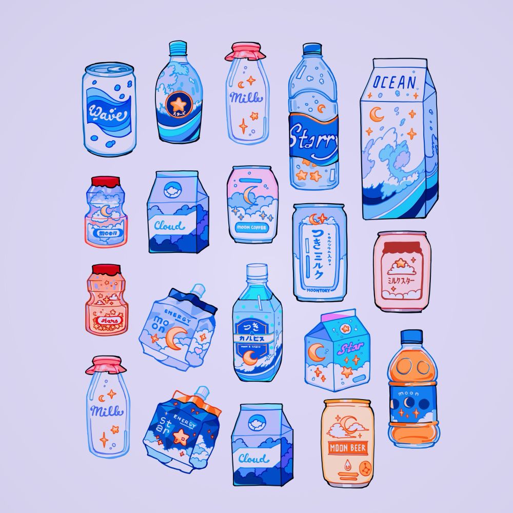 Artwork of a collection of celestial themed packaged drinks. 