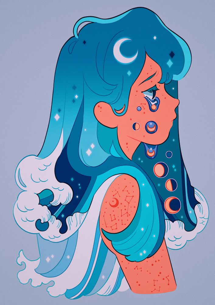 An artwork of a girl with blue hair shaped like waves, crying tear drops shaped like the moon cycle. She has freckles on her body shaped like constellations.