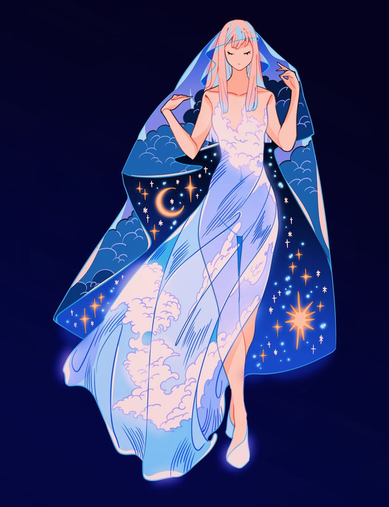 Artwork of a lady with pink hair wearing transparent dress with ocean wave pattern. She wears a long veil with sky pattern. 
