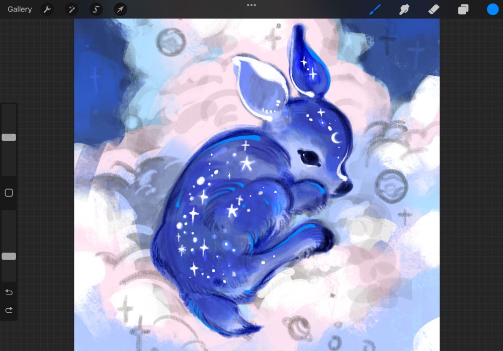 Screenshot of a procreate canvas with a drawing of purple fawn with star pattern fur, curled among fluffy white clouds and tiny planets. 