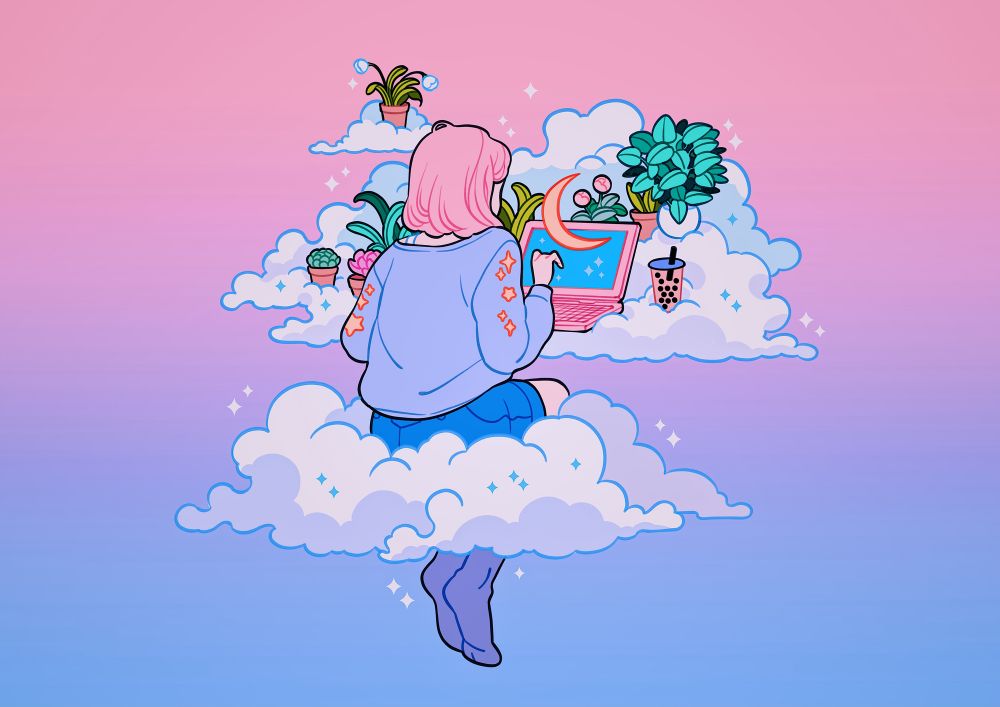 Artwork of a pink haired girl sitting on a bundle of clouds, typing on a pink laptop with the moon over it on a cloud desk. The cloud desk is decorated with many potted plants. 