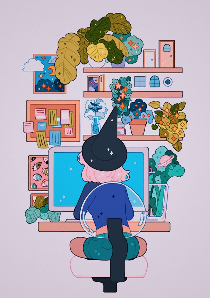 Artwork of a witch working on a desktop computer decorated with lots of potted plants, books, and tiny windows and doors. 