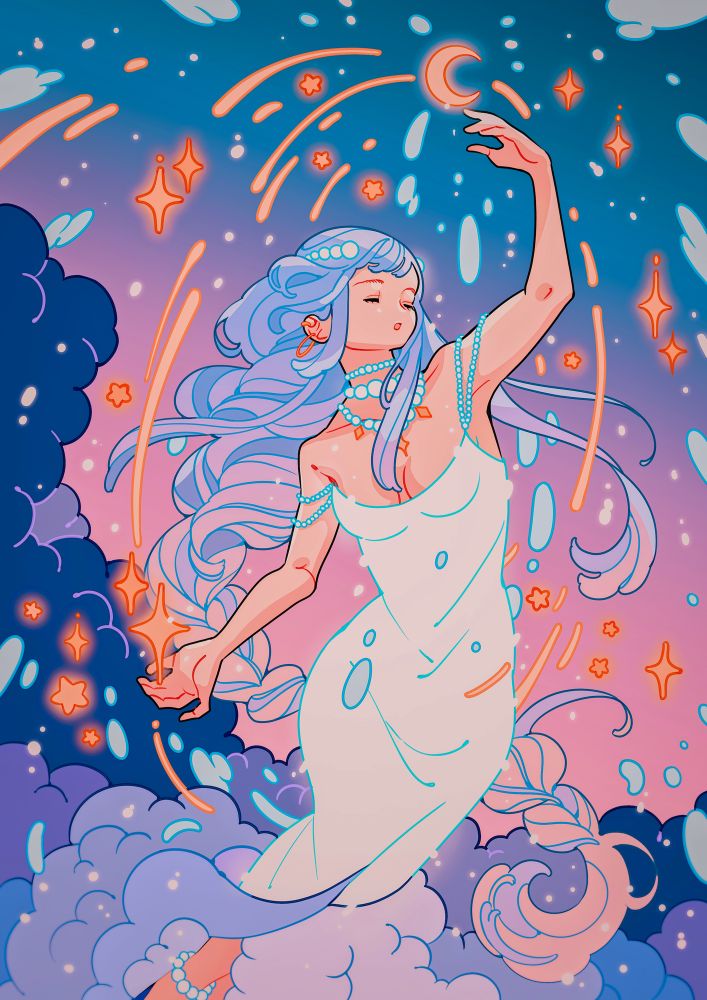 Artwork of a lady with long plaited blue and pink hair wearing a long white gown with clouds at the bottom. She’s holding stars in her right hand and the moon in her left hand. She’s surrounded by clouds and stars. 