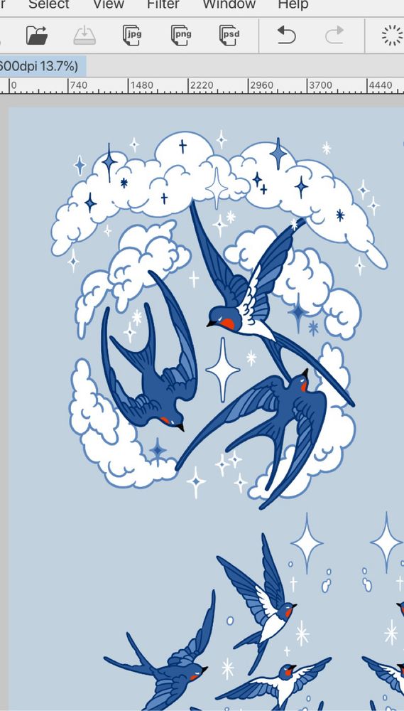 Screenshot of an artwork of swallows surrounded by clouds, sparkles, and stars. 