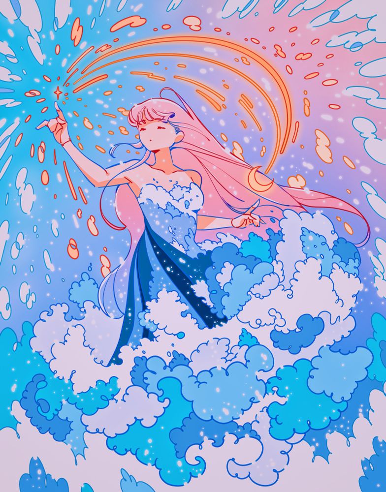 An artwork of a pink haired lady wearing a dress made of raging ocean waves. A star and a moon hover above her left and right hands, connected by sparks. Sea foam from her dress swirl around her.