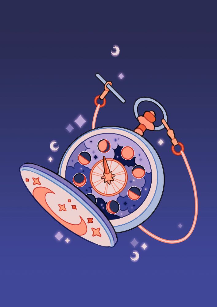 Artwork of a pocket watch with moon phases in place of hours of the day, with background of purple clouds. 