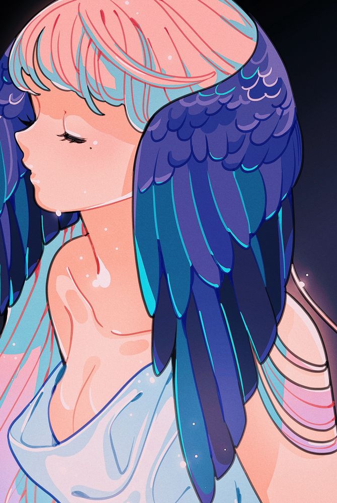 Close up of an artwork of a woman with long pink hair and dark raven wings encircling her head like a veil. 