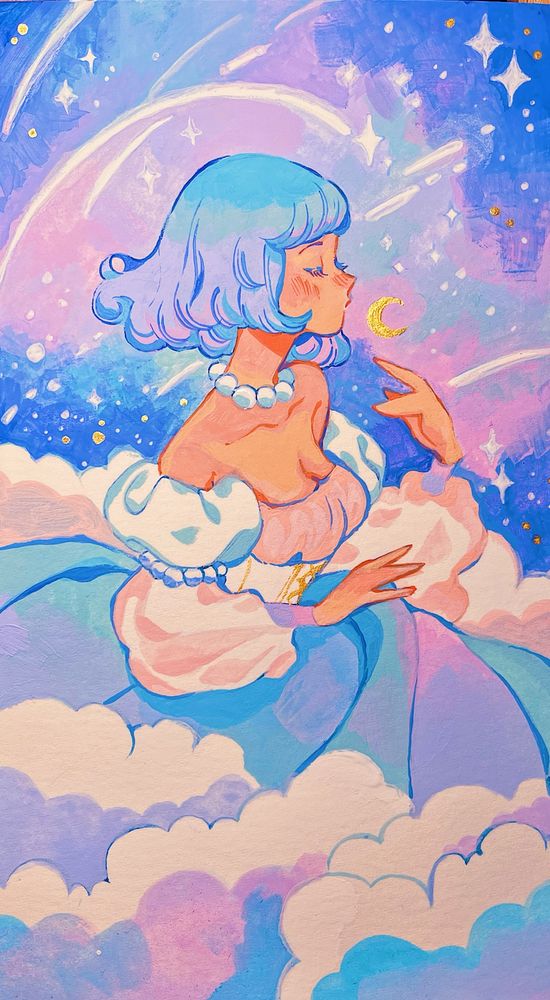 A gouache painting of a girl with short wavy blue hair, wearing a puffy dress with cloud skirt. The sky above her is pink and blue, filled with shooting stars and a shining golden moon. 