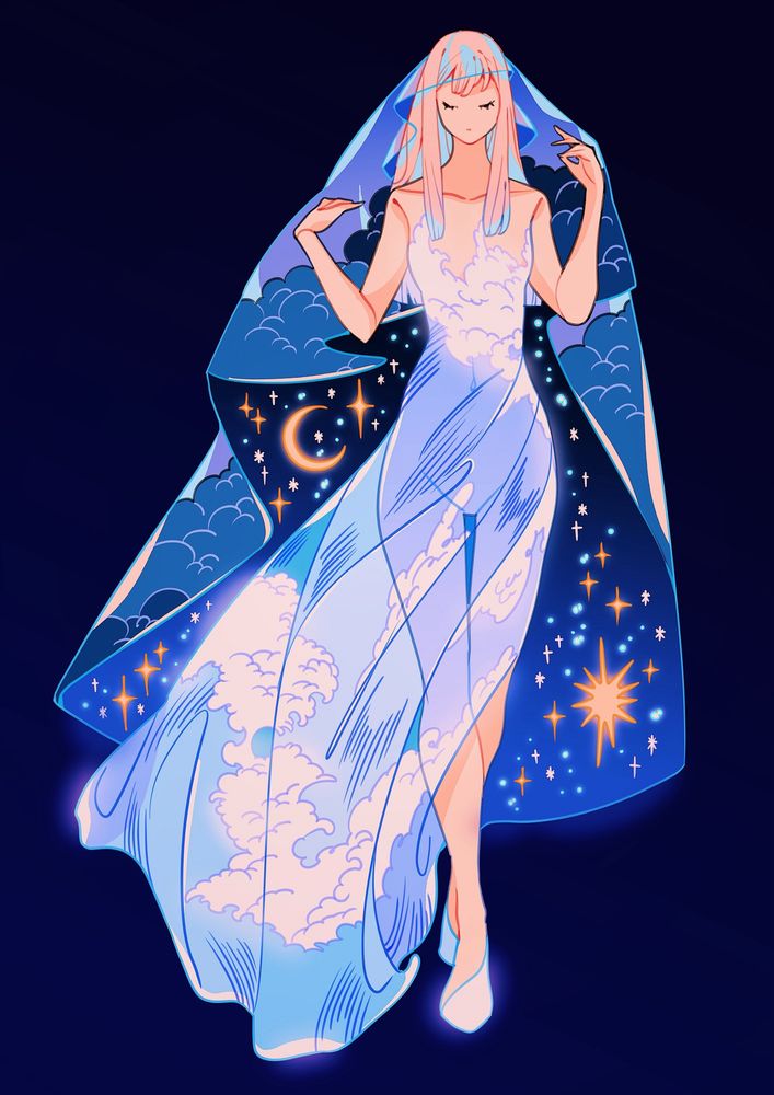 Artwork of a lady with pink hair wearing transparent dress with ocean wave pattern. She wears a long veil with sky pattern. 