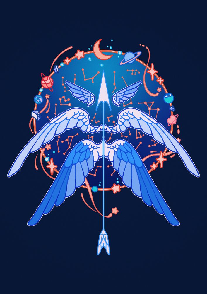 Digital artwork of a bow made of angel wings with a white arrow, surrounded with shooting stars, planets, and the moon above it. 