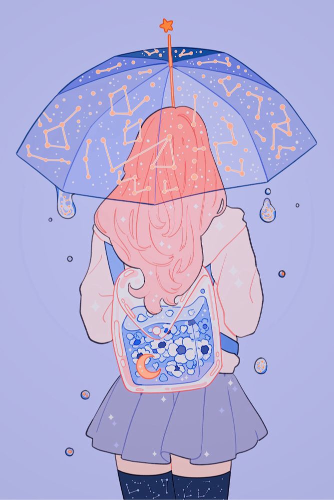 An artwork of a pink haired girl holding a transparent umbrella embellished with constellations. She’s wearing a transparent backpack with white flowers and the moon in periwinkle water. 